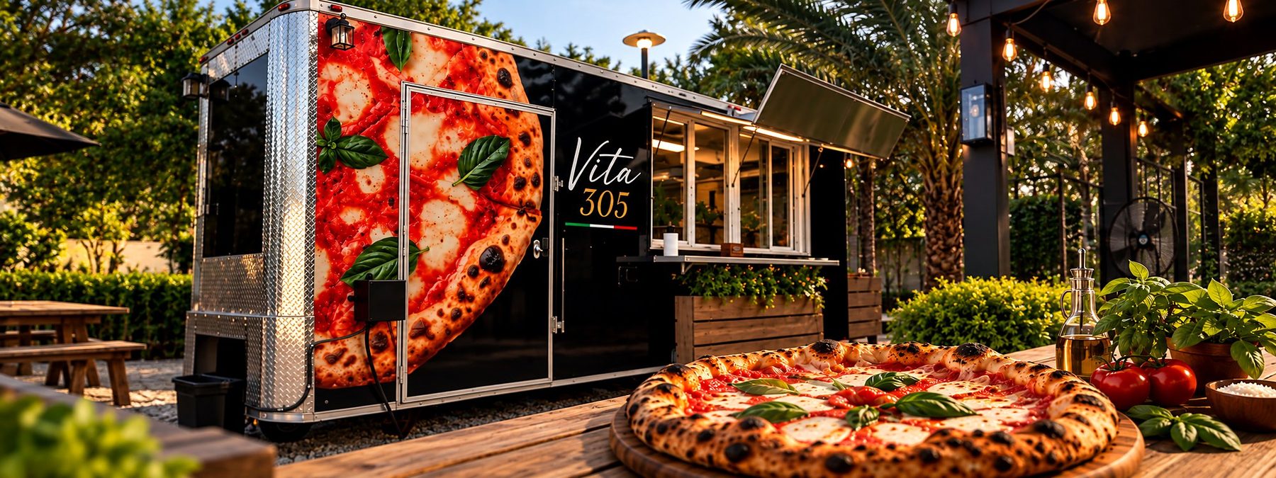 El food truck de Vita 305 en el patio, con una pizza margherita en primer plano